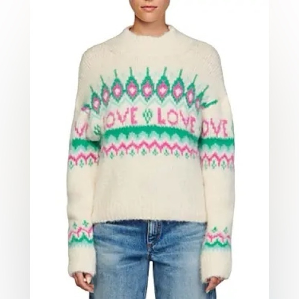 Sandro Cream Crewneck Sweater with Pink & Green Fair Isle